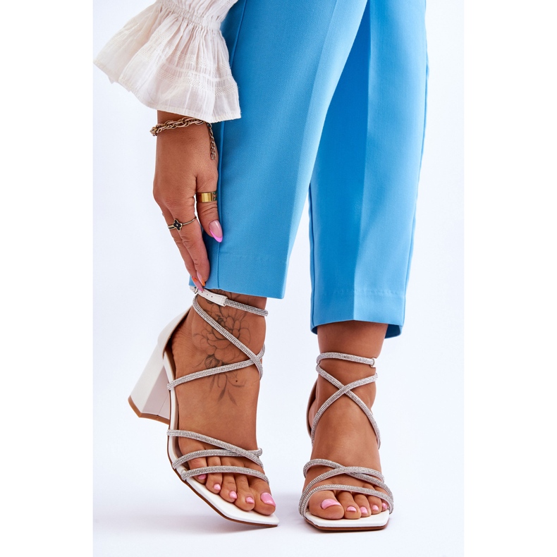 FJ1 Dámské kožené sandály s vysokými podpatky kubickými zirkony bílé Liviano bílý 1