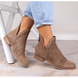 Dámské semišové prolamované béžové kozačky Potocki SZ12107 béžový 1