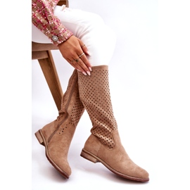 S.Barski Dámské semišové prolamované kozačky nad kolena Béžová Savannah béžový 4