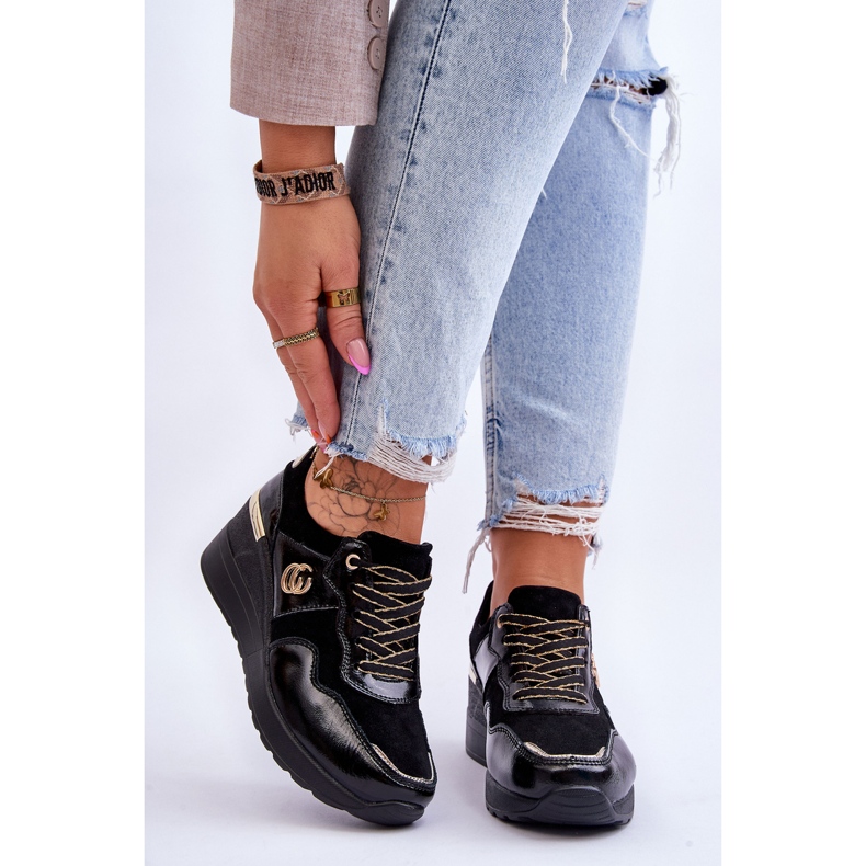 S.Barski Dámské kožené sportovní boty na klínku Černá Rebeca 1