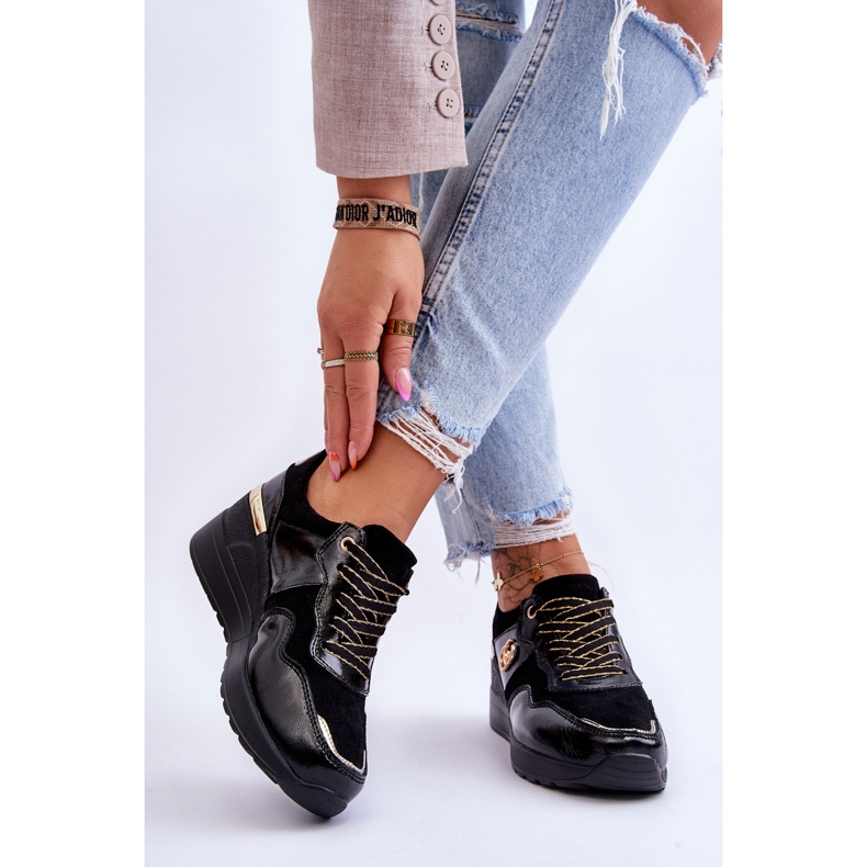 S.Barski Dámské kožené sportovní boty na klínku Černá Rebeca 2