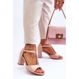 S.Barski Dámské semišové sandály na podpatku béžové květy béžový 2