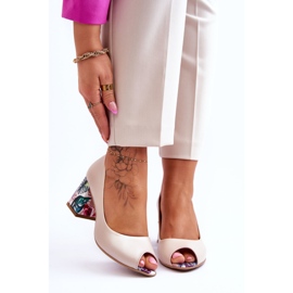 Lewski Shoes Kožené lodičky s ozdobným podpatkem Leski Boty 2608/K Beige Pearl béžový 1 Lewski Shoes Kožené lodičky s ozdobným podpatkem Leski Boty 2608/K Beige Pearl béžový 1