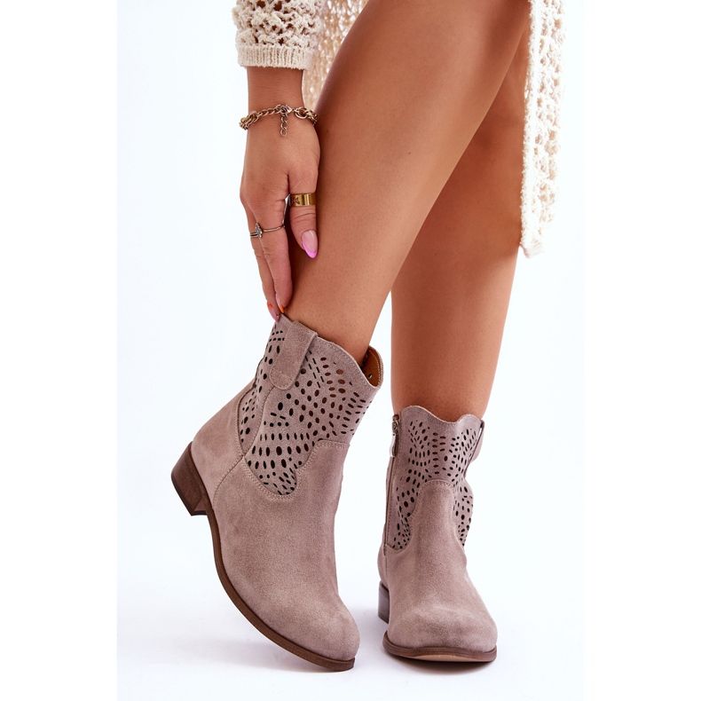 Lewski Shoes Dámské semišové prolamované boty Leski Boty 3301 Cappuccino hnědý 1