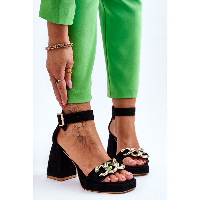 Lewski Shoes Dámské semišové sandály na masivních podpatcích Leski Shoes 3207 Black černý 1