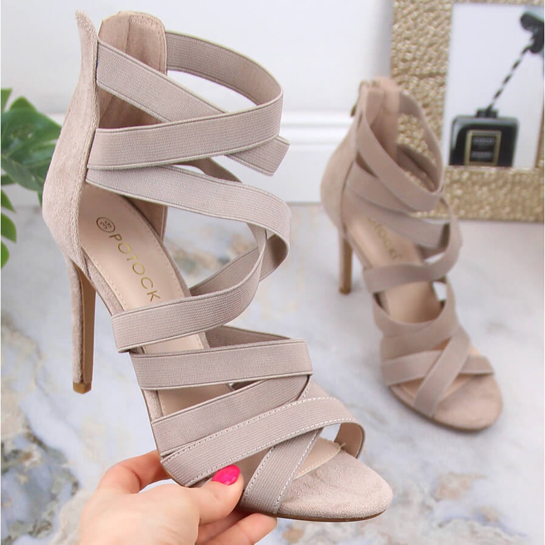 Dámské béžové semišové sandály na vysokém podpatku Potocki LE20016 béžový 1