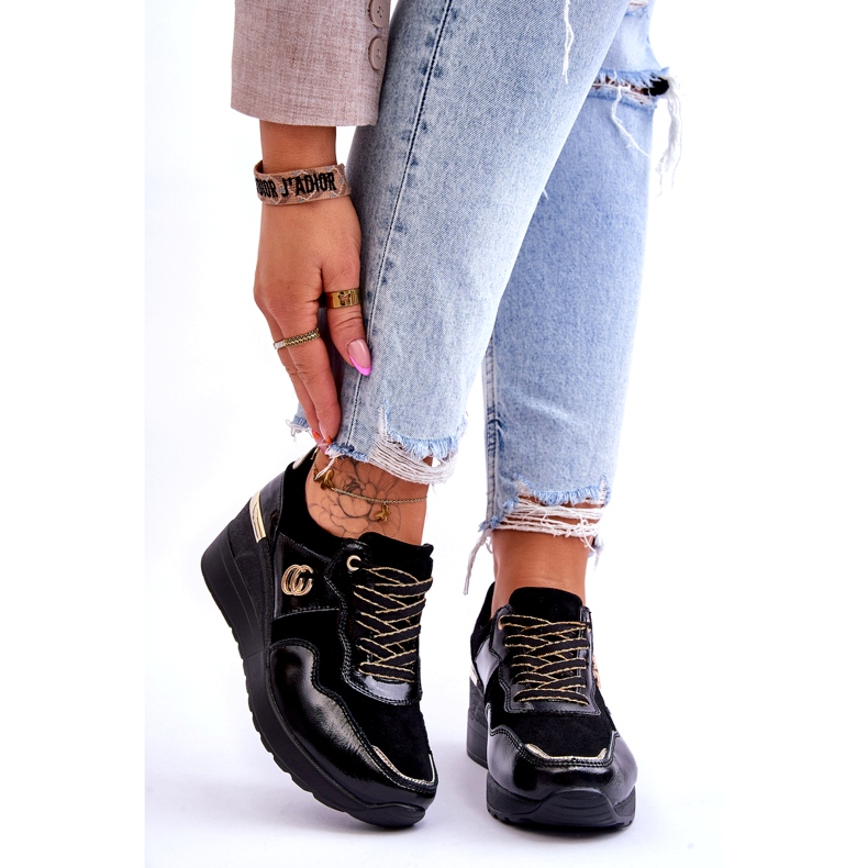 S.Barski Dámské kožené sportovní boty na klínku Černá Rebeca 1