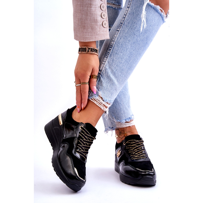 S.Barski Dámské kožené sportovní boty na klínku Černá Rebeca 2