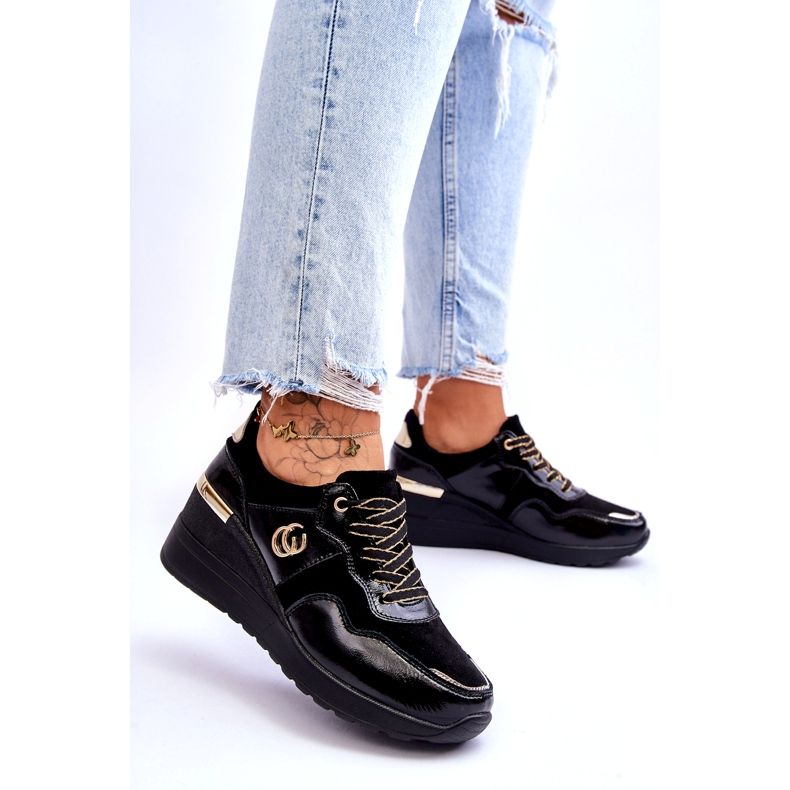 S.Barski Dámské kožené sportovní boty na klínku Černá Rebeca 3