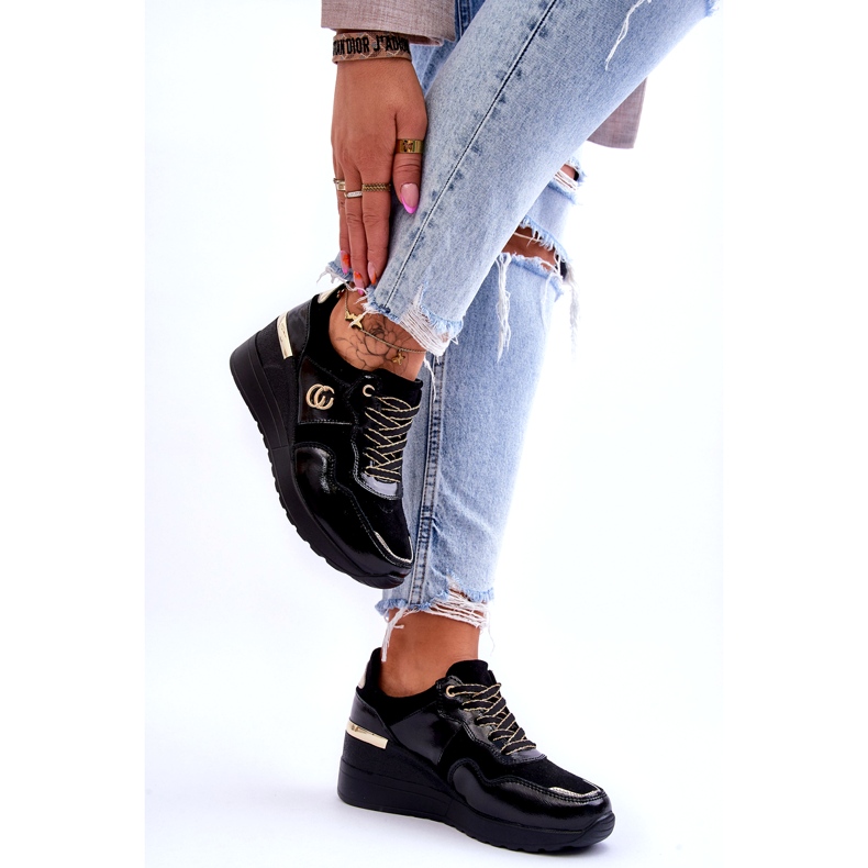 S.Barski Dámské kožené sportovní boty na klínku Černá Rebeca 4