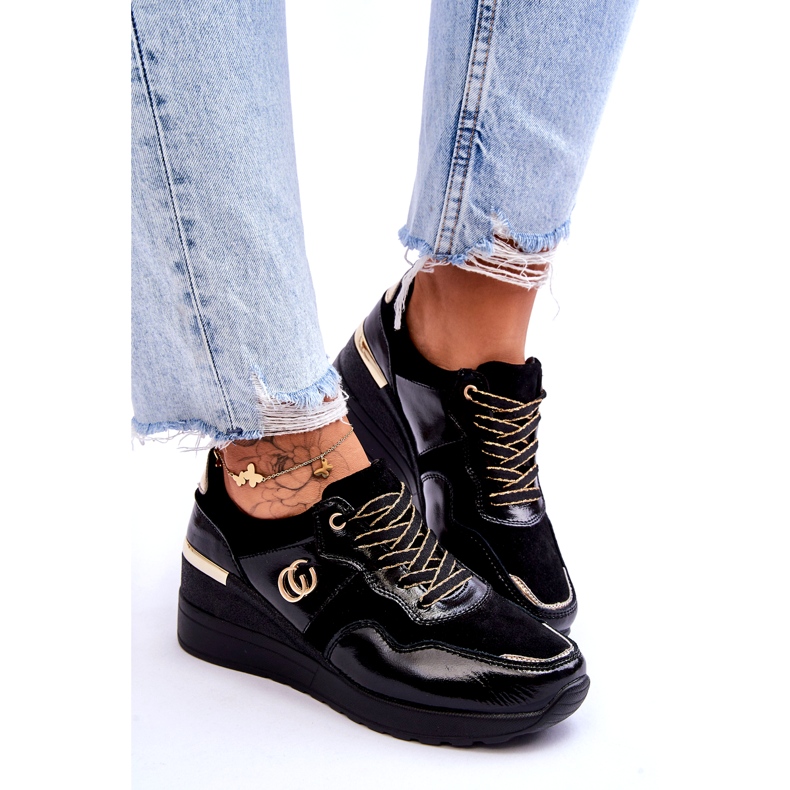 S.Barski Dámské kožené sportovní boty na klínku Černá Rebeca 5