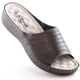 Pohodlné dámské kožené pantofle na cínovém klínku S.Barski BN292 šedá 1