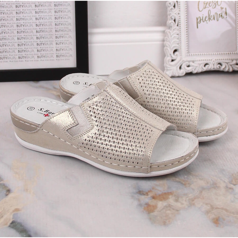 S.Barski Dámské kožené pantofle na zlatém klínku S. Barski zlatý 1