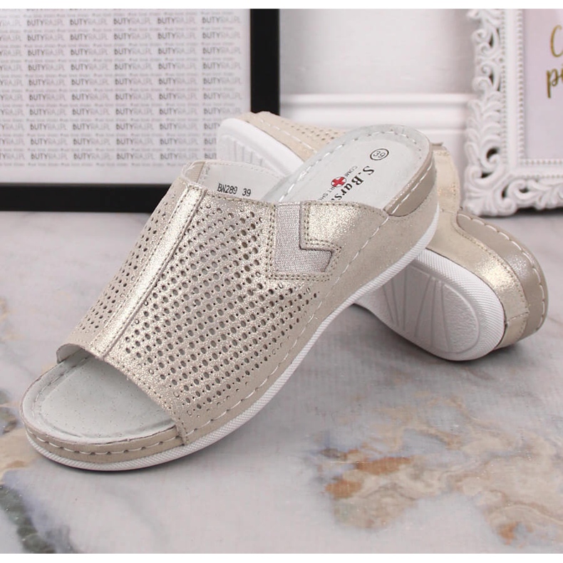 S.Barski Dámské kožené pantofle na zlatém klínku S. Barski zlatý 2