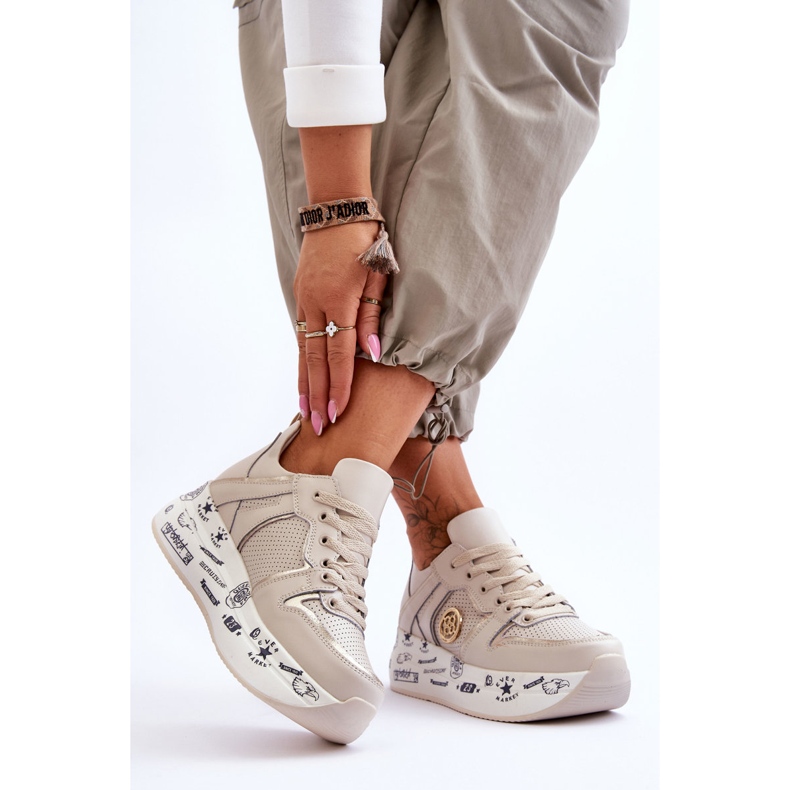 PE1 Dámské kožené tenisky na robustní platformě béžové asturie béžový 2
