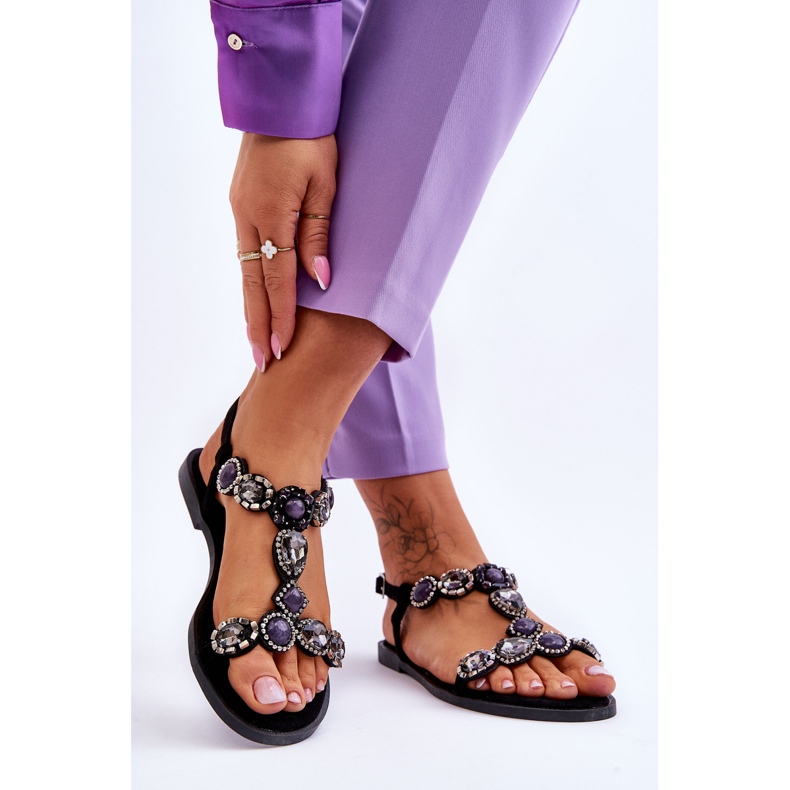 Černé Dallas semišové ploché sandály s kameny černá 2