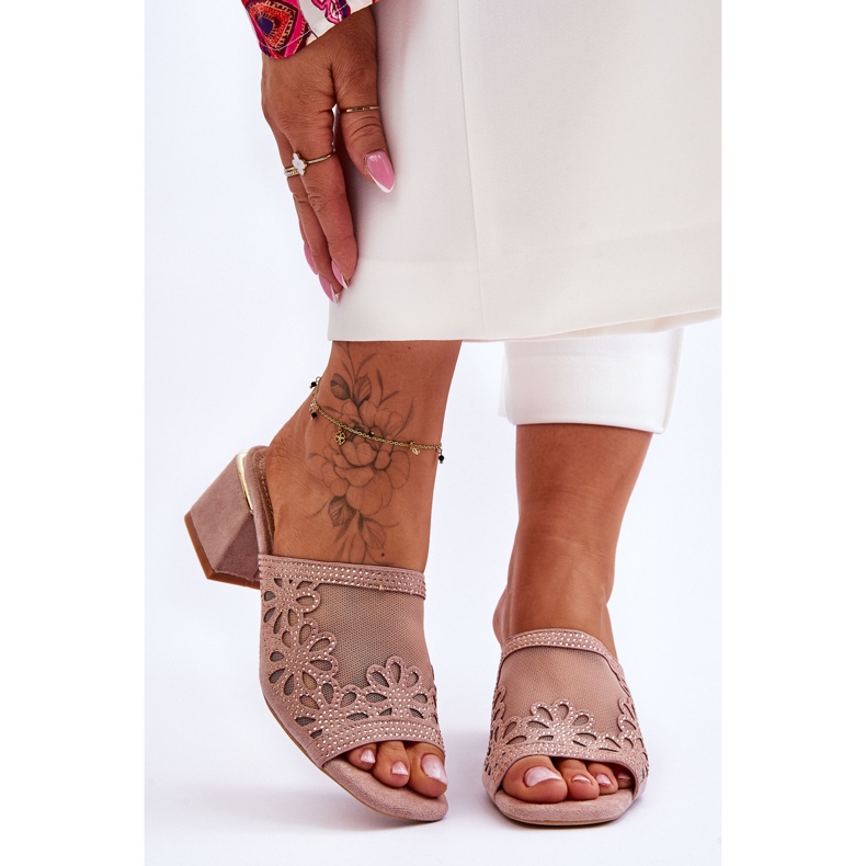 Pantofle na podpatku se síťovinou S.Barski KV-612-1 Nude béžový 1