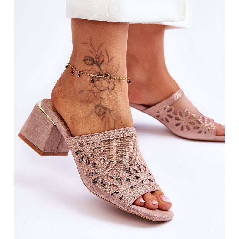 Pantofle na podpatku se síťovinou S.Barski KV-612-1 Nude béžový 2