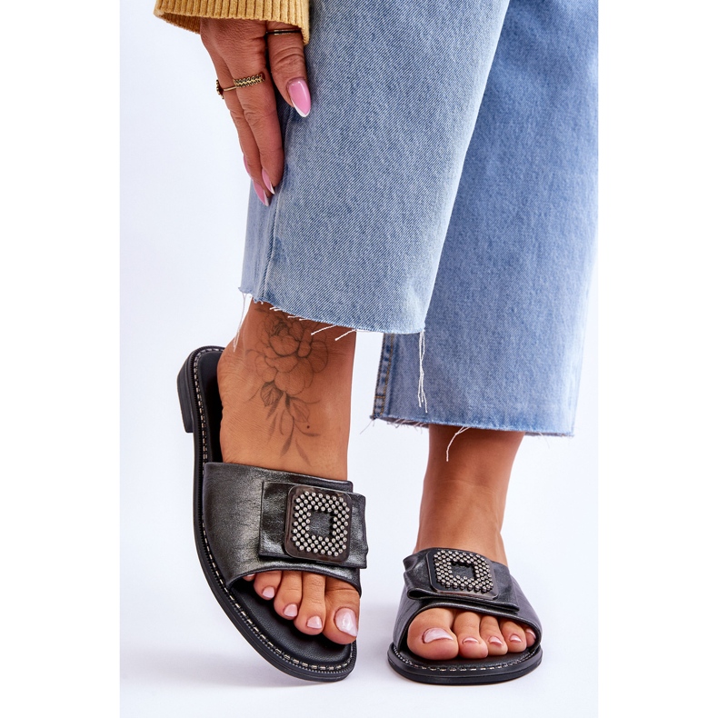 Dámské kožené pantofle s kamínky S.Barski KV-2775-33 tmavě stříbrná stříbrný 1