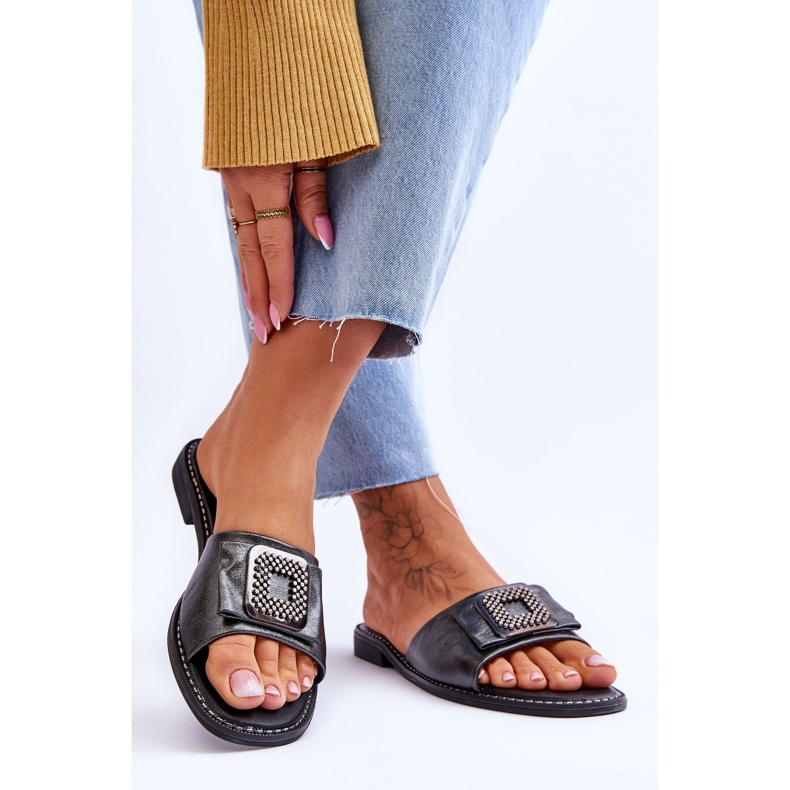 Dámské kožené pantofle s kamínky S.Barski KV-2775-33 tmavě stříbrná stříbrný 2