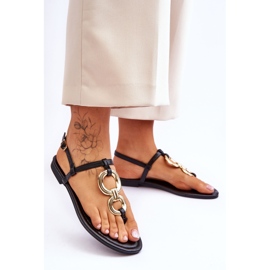 Černé kožené sandály žabky na plochém podpatku černá 2