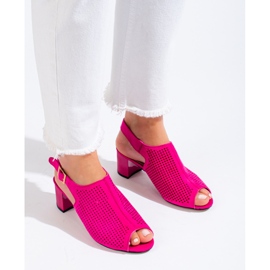 Dámské prolamované fuchsiové semišové sandály na podpatku Shelovet růžový 1