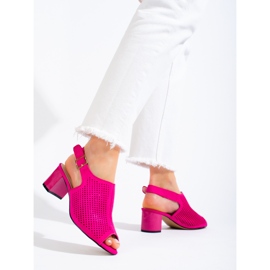 Dámské prolamované fuchsiové semišové sandály na podpatku Shelovet růžový 2